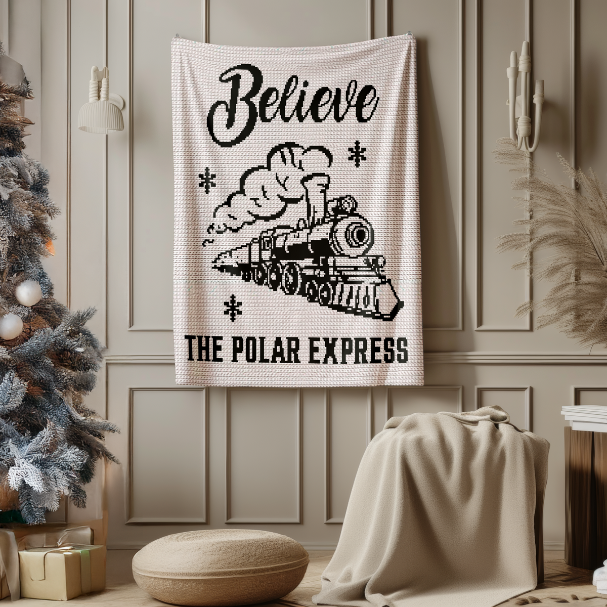 Believe Train crochet pattern wall hanging with vintage steam train Christmas design
