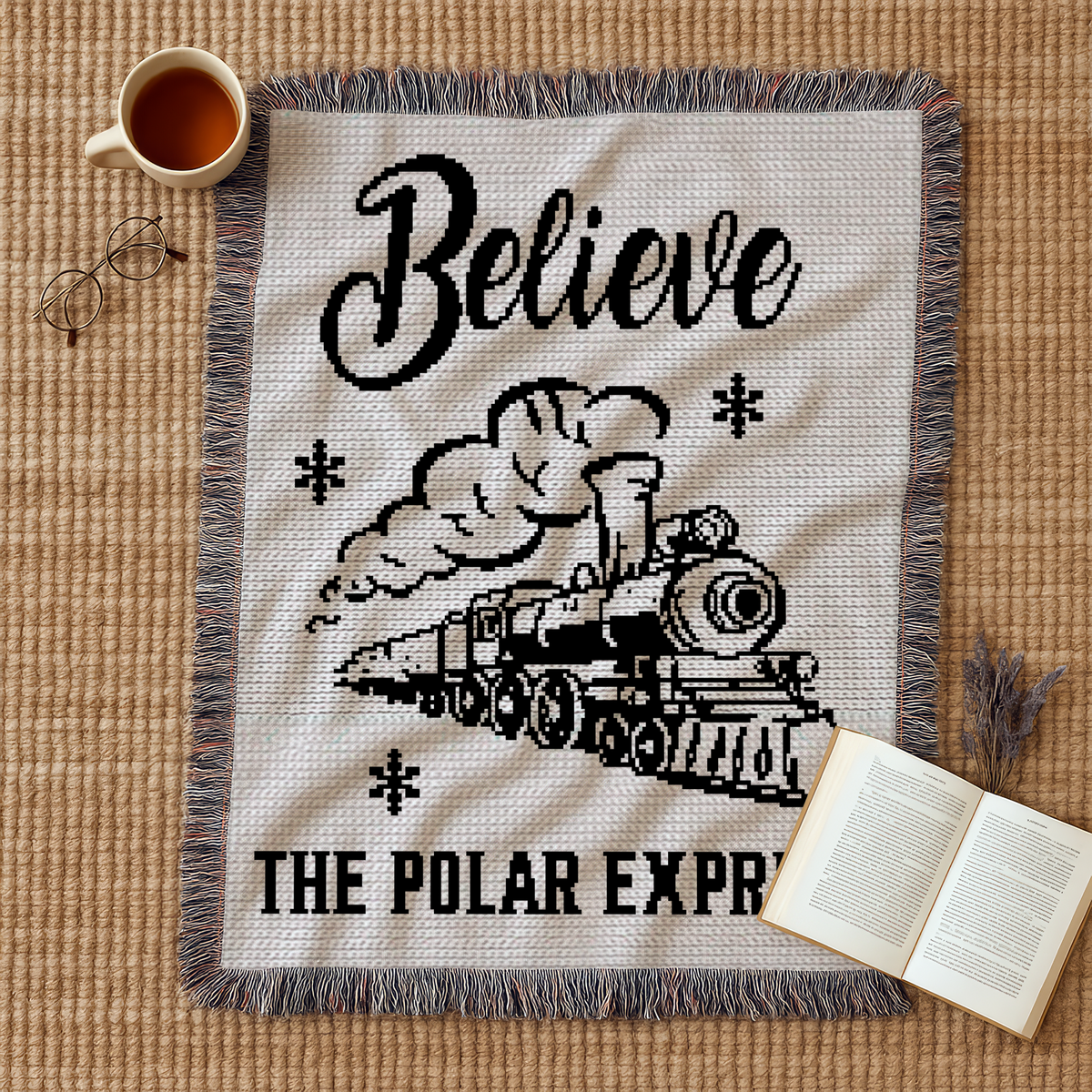 SC crochet train pattern blanket with Believe lettering and vintage locomotive design