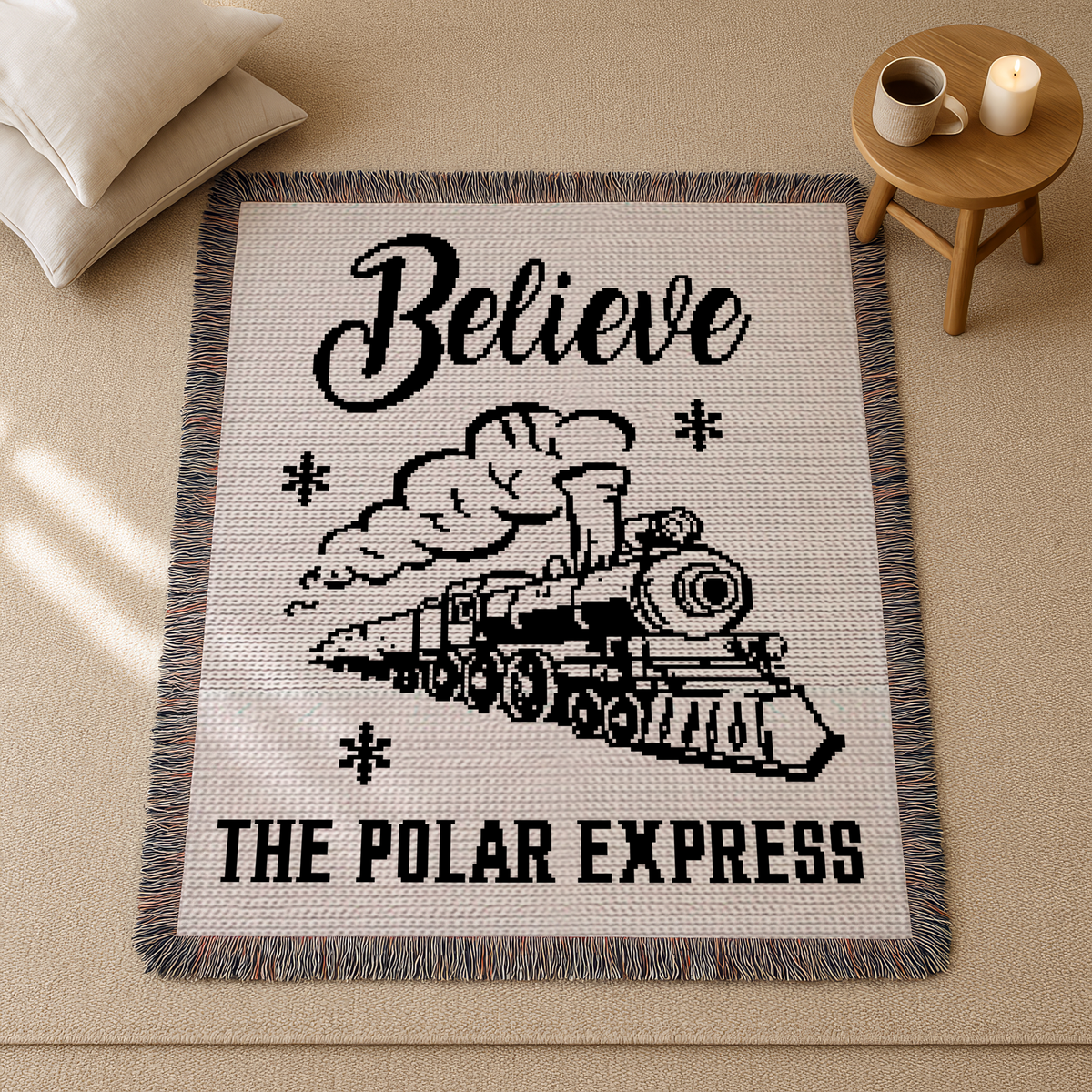 Believe Train single crochet graphgan blanket displayed in a cozy neutral room