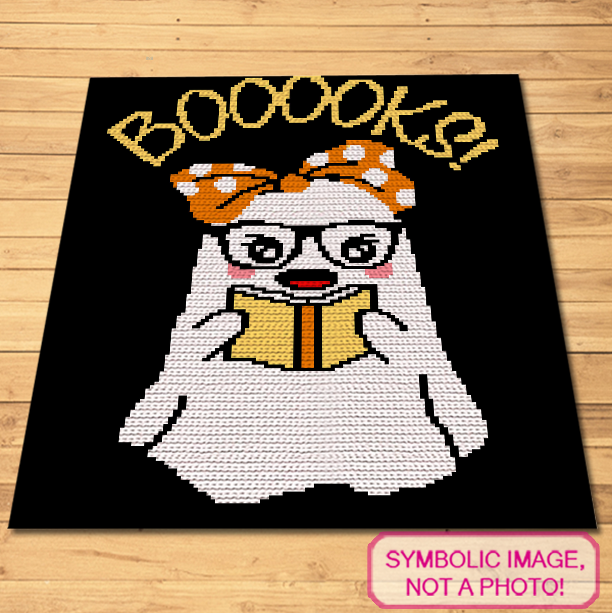 Bookish ghost crochet blanket mockup with glasses, orange bow, open book, and BOOOOKS lettering on a black background.