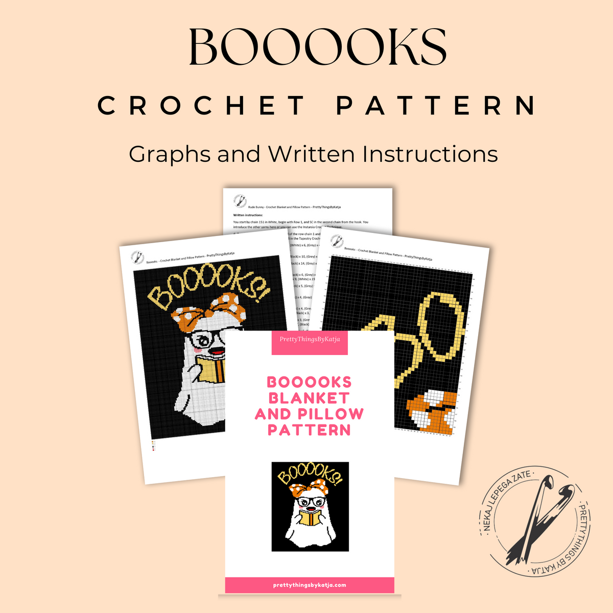 Bookish Ghost crochet pattern PDF preview showing graphs and written instructions from Pretty Things By Katja.