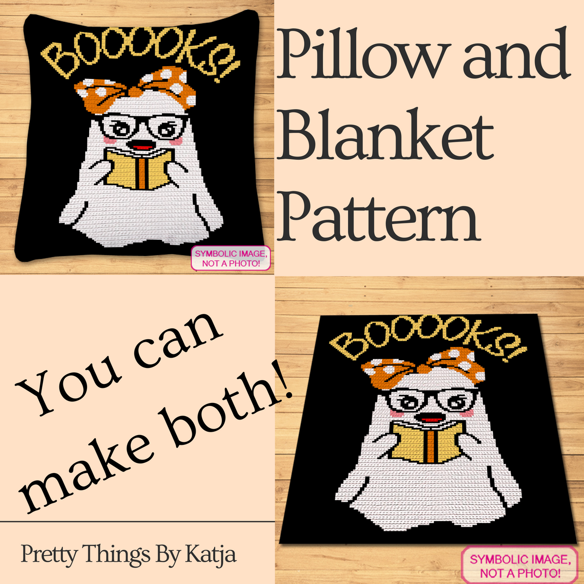Bookish Ghost SC crochet pattern shown as both a pillow and blanket for a Halloween book lover project.
