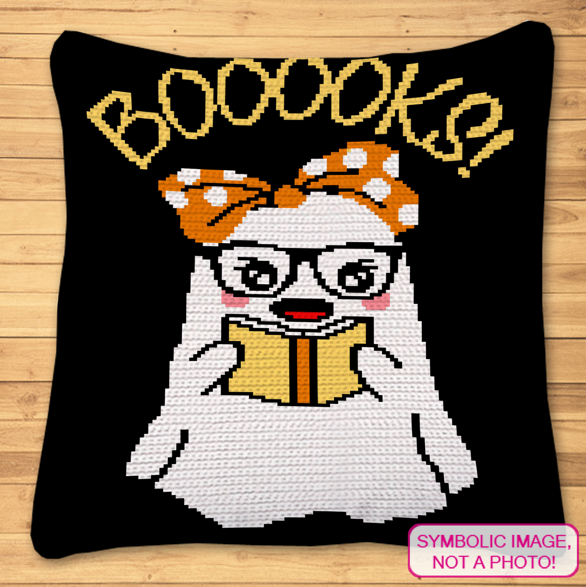 Bookish ghost crochet pillow mockup featuring a cute reading ghost with glasses, orange bow, and BOOOOKS lettering.