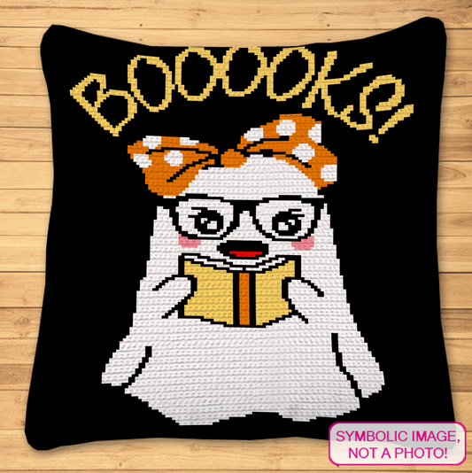 Bookish ghost crochet pillow mockup featuring a cute reading ghost with glasses, orange bow, and BOOOOKS lettering.