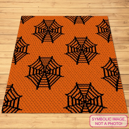 Orange and black spider web C2C crochet blanket pattern shown as a finished blanket mockup
