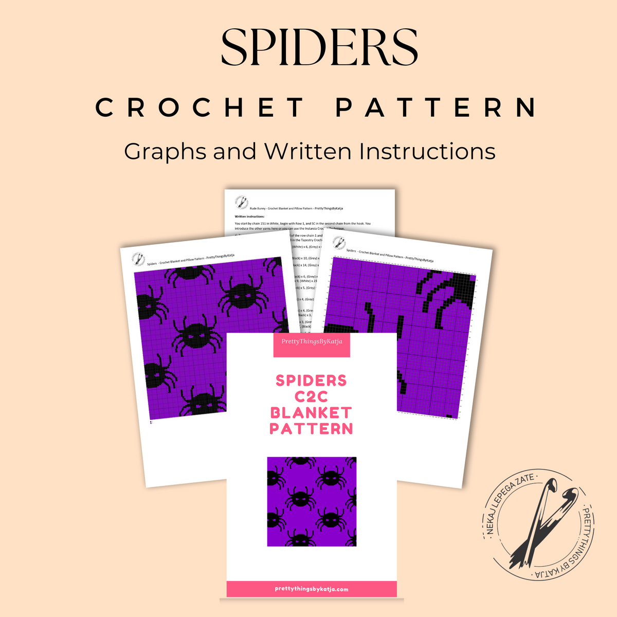 C2C Spiders crochet pattern PDF preview with graph, written instructions, and purple black Halloween spider design.