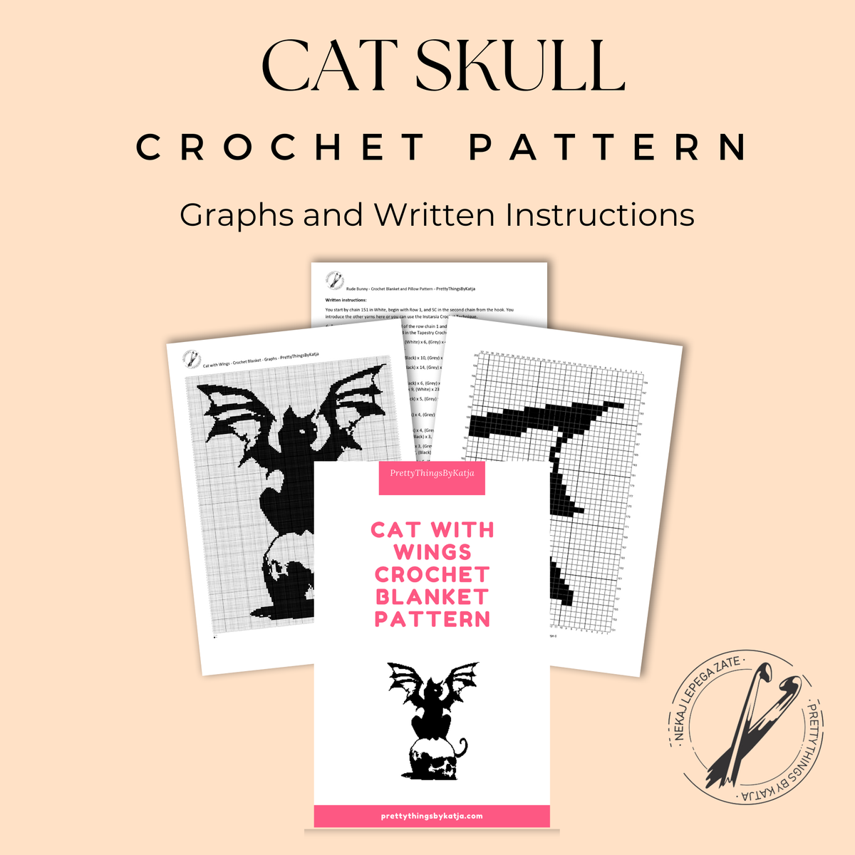 Cat skull crochet pattern PDF preview showing graphs and written row-by-row instructions