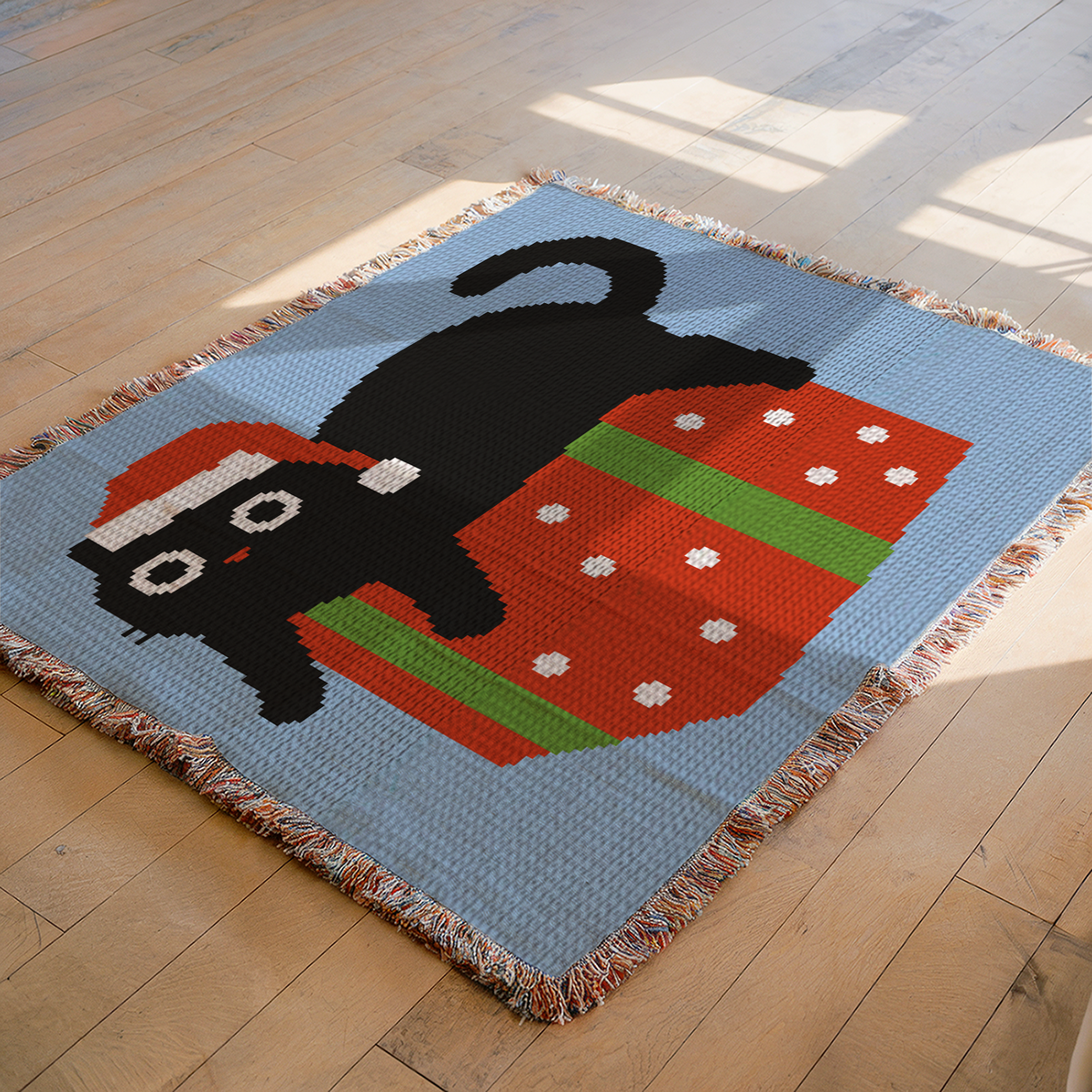 Christmas black cat C2C graphgan pattern with Santa hat on a red and green gift