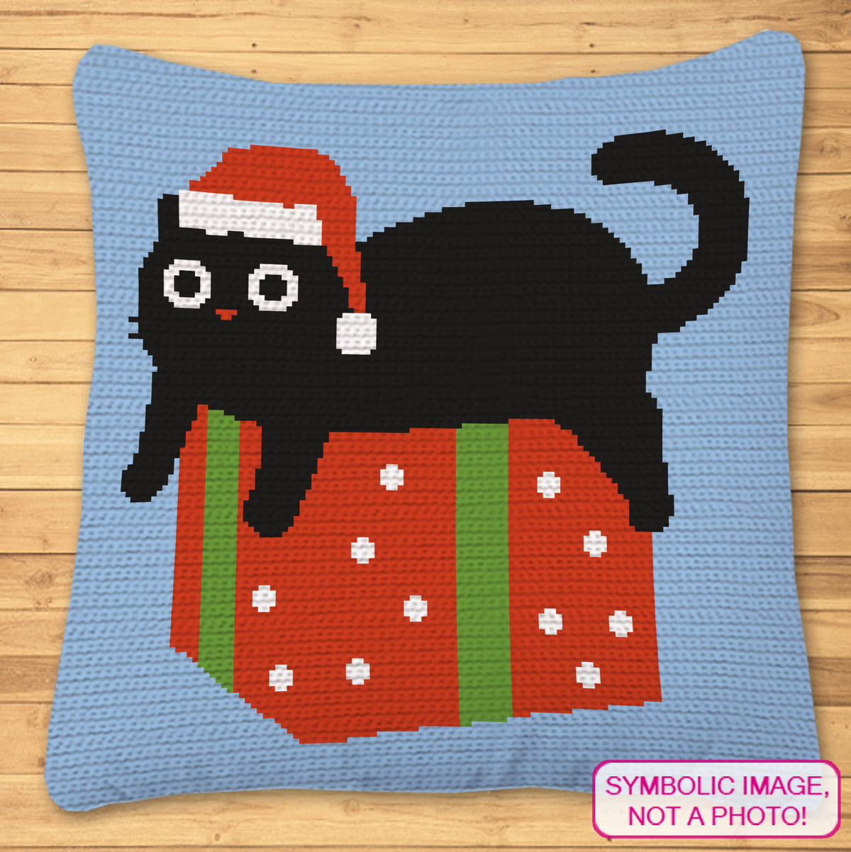 Christmas black cat crochet pillow pattern with Santa hat and red gift box