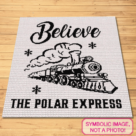 Christmas train crochet blanket pattern preview with Believe text and vintage steam train