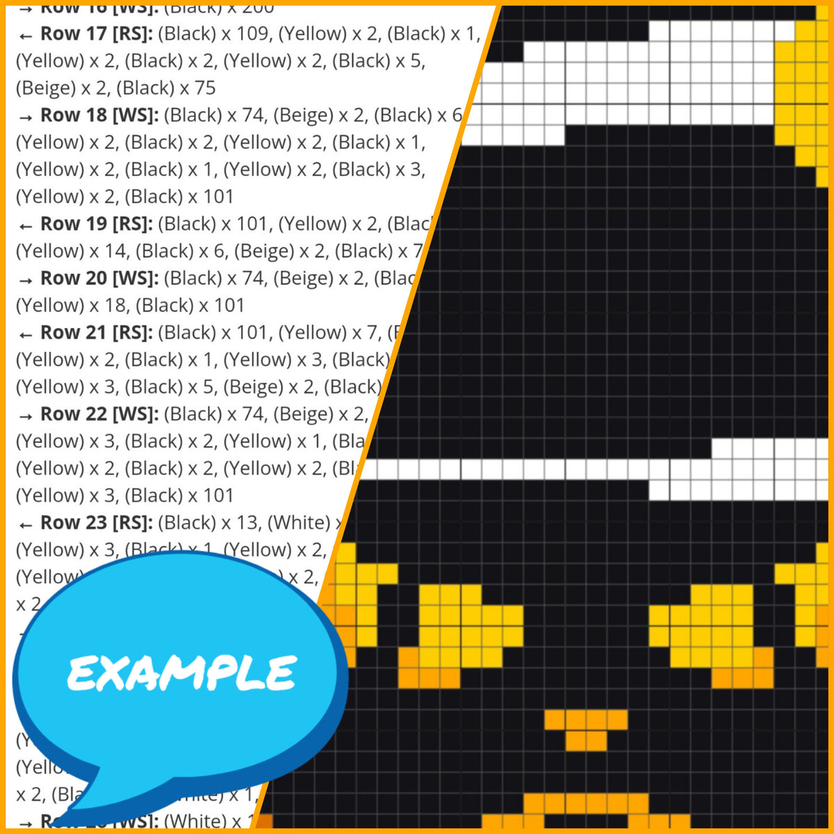 SC crochet pattern example showing written row-by-row instructions beside the Halloween black cat graph