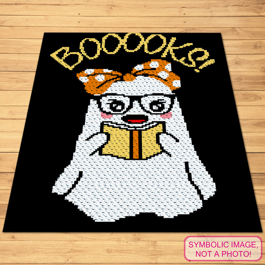 Crochet Bookish Props C2C ghost blanket pattern with reading ghost, bow, book and BOOOOKS text