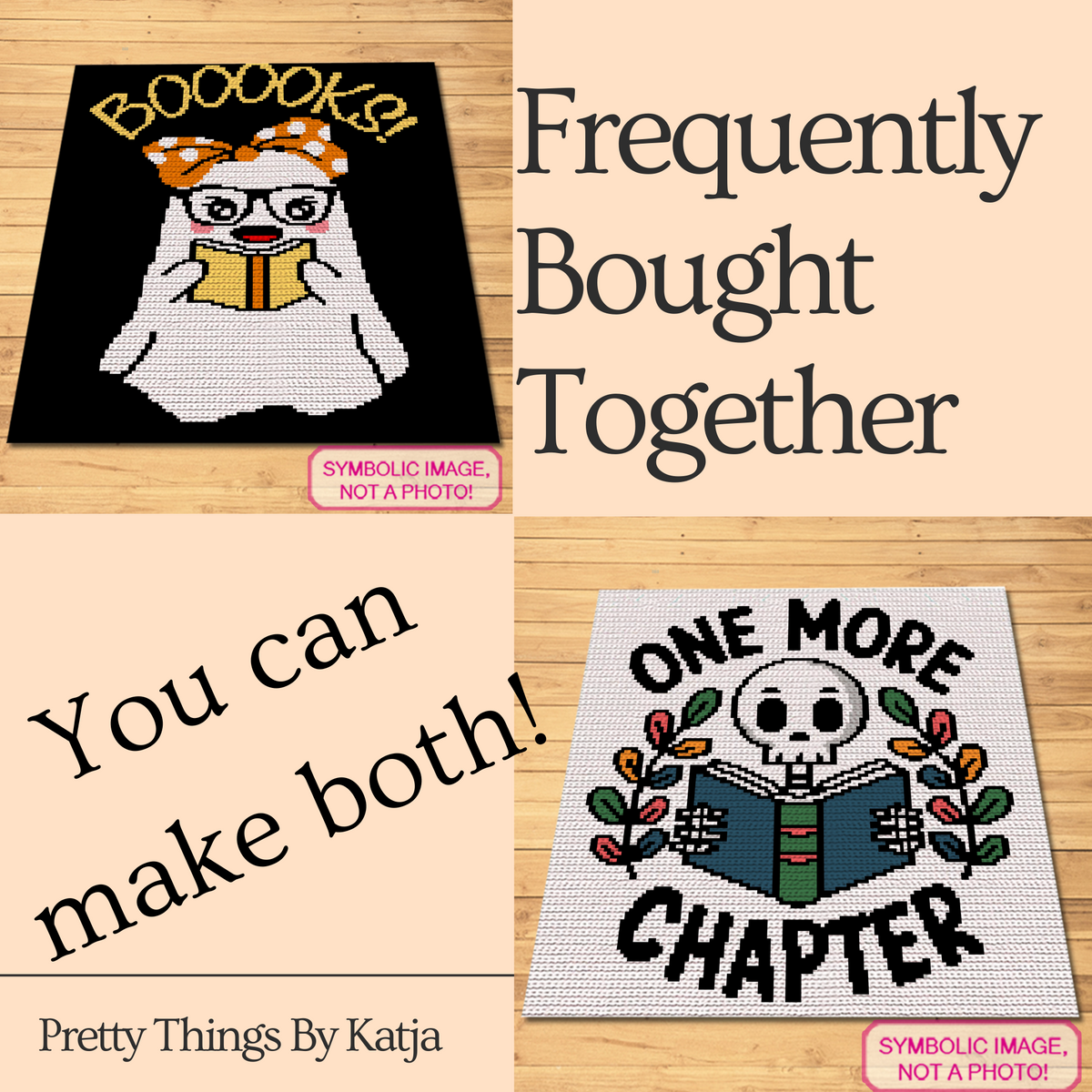 Bookish ghost C2C crochet pattern shown with matching reader-themed crochet design inspiration