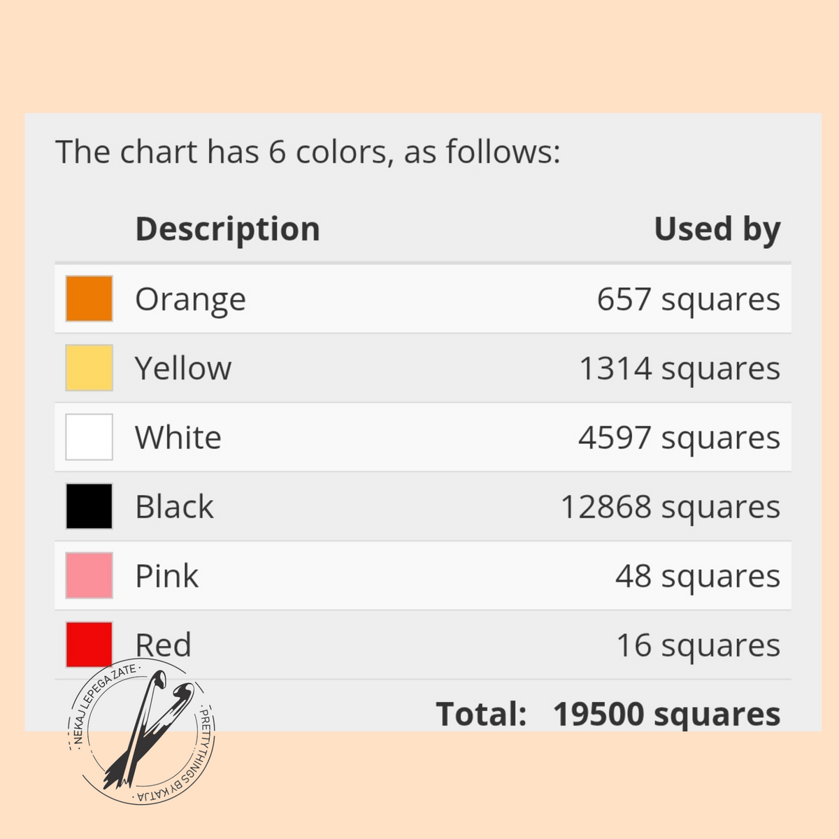 Crochet ghost C2C pattern color chart showing orange, yellow, white, black, pink and red