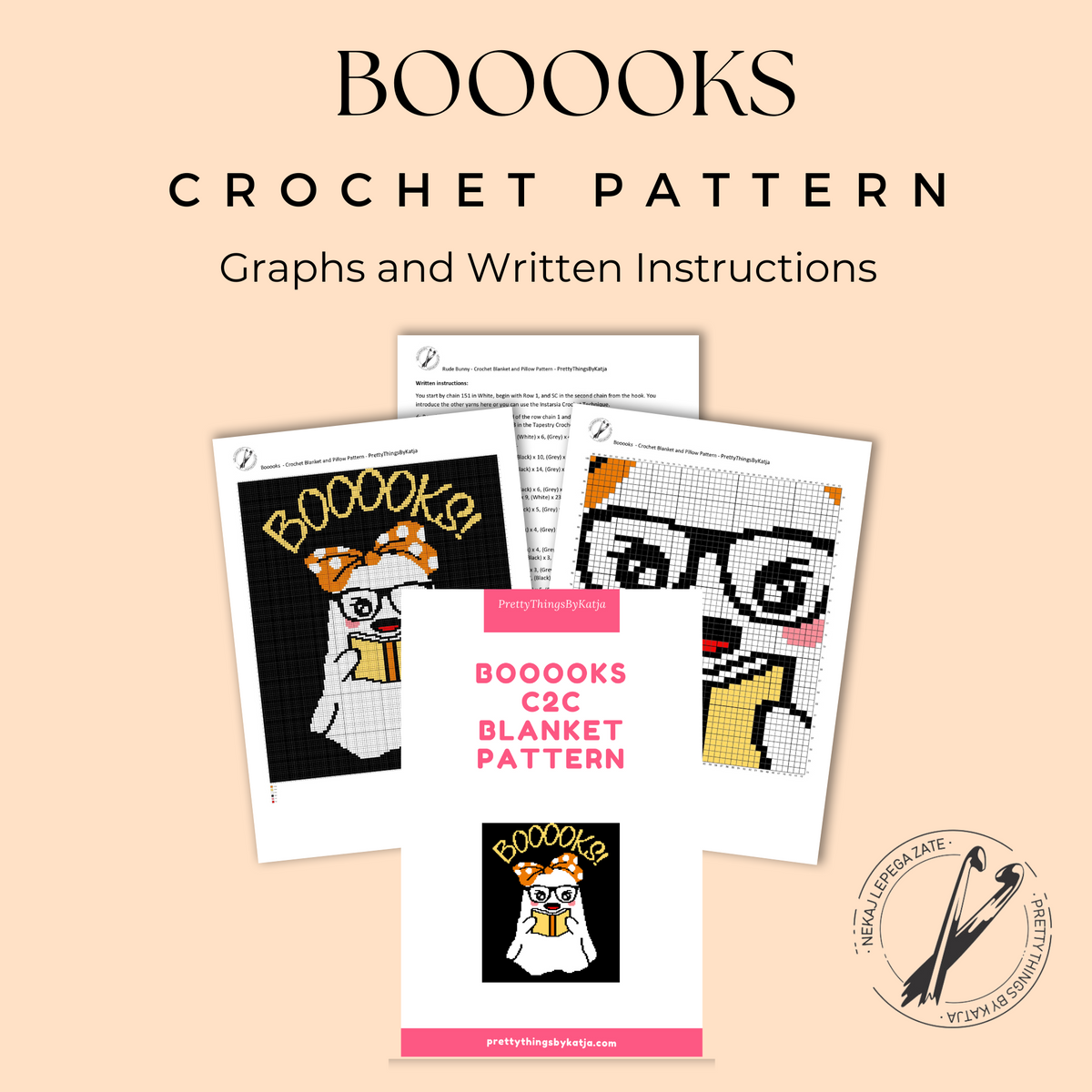 BOOOOKS C2C crochet ghost blanket pattern PDF with graphs and written instructions
