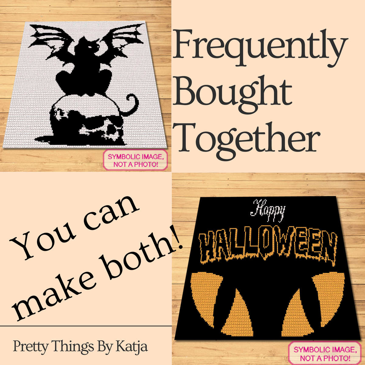 Symbolic image of a black winged cat sitting on a skull for a Halloween SC crochet blanket pattern