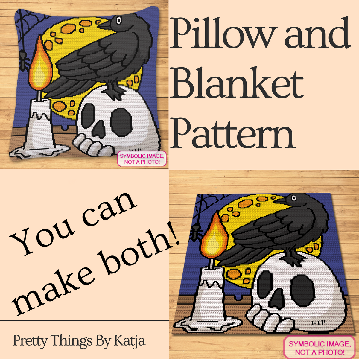 Crow on a Skull SC crochet pillow and blanket pattern featuring a raven, skull, candle and full moon Halloween design.