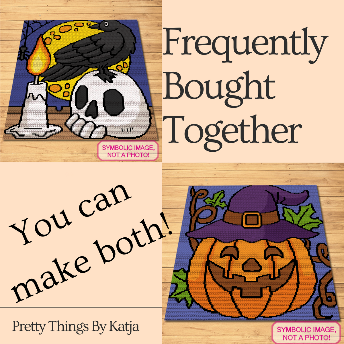 Crow on a Skull Halloween crochet pattern shown with coordinating spooky crochet designs and pillow and blanket options.