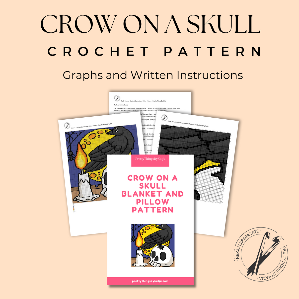 Crow on a Skull crochet pattern PDF preview with graph and written instructions for a Halloween blanket or pillow.