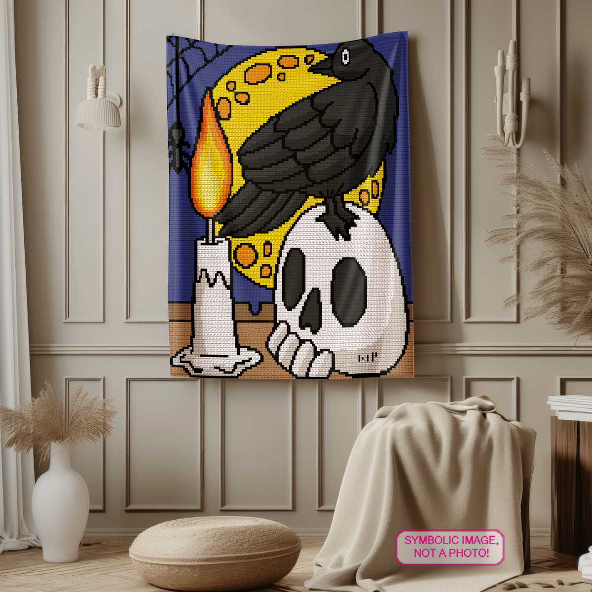 Halloween crochet blanket mockup featuring a black crow perched on a skull beside a candle and yellow full moon.