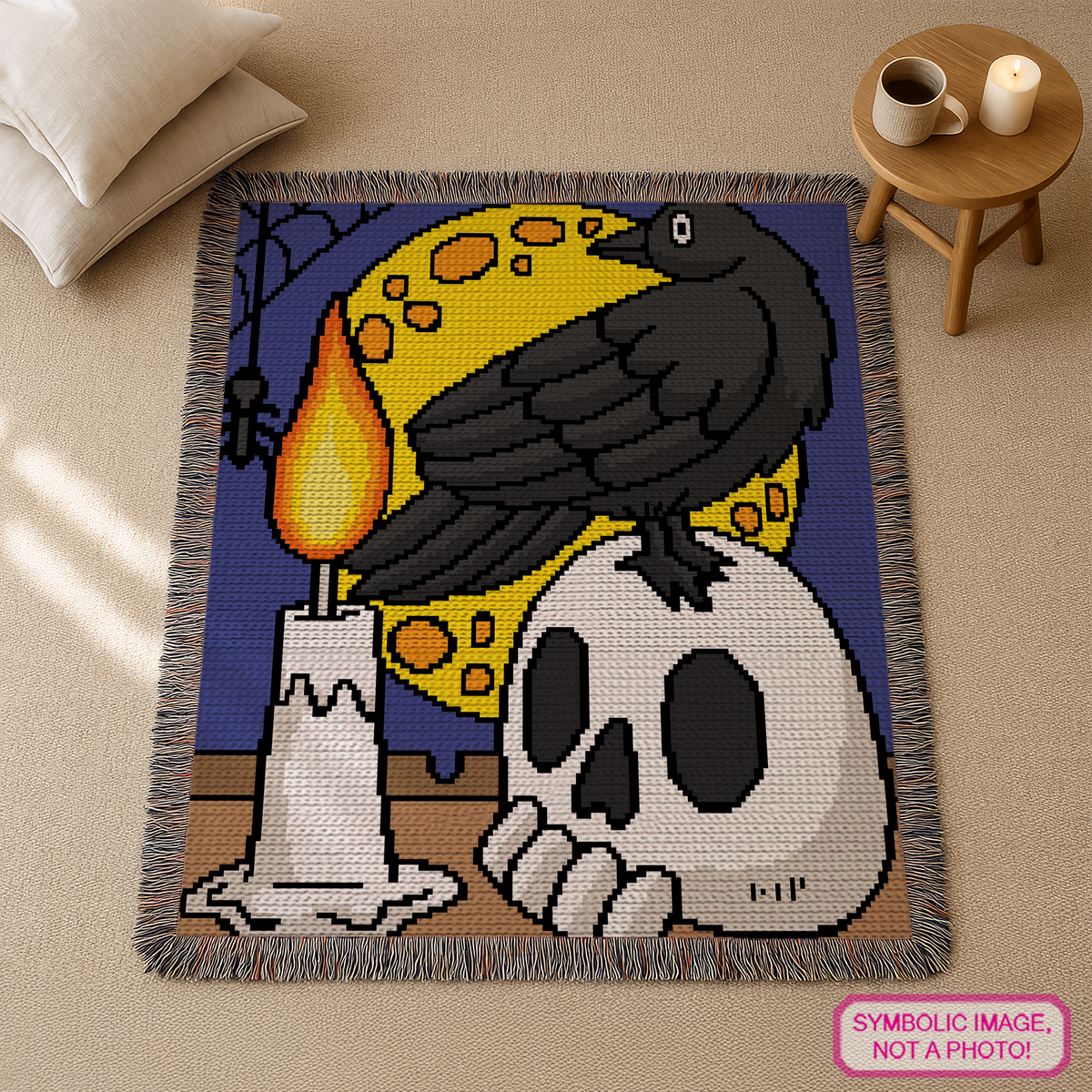 Crow on a Skull C2C crochet blanket pattern featuring a raven perched on a skull beside a candle and full moon Halloween design.
