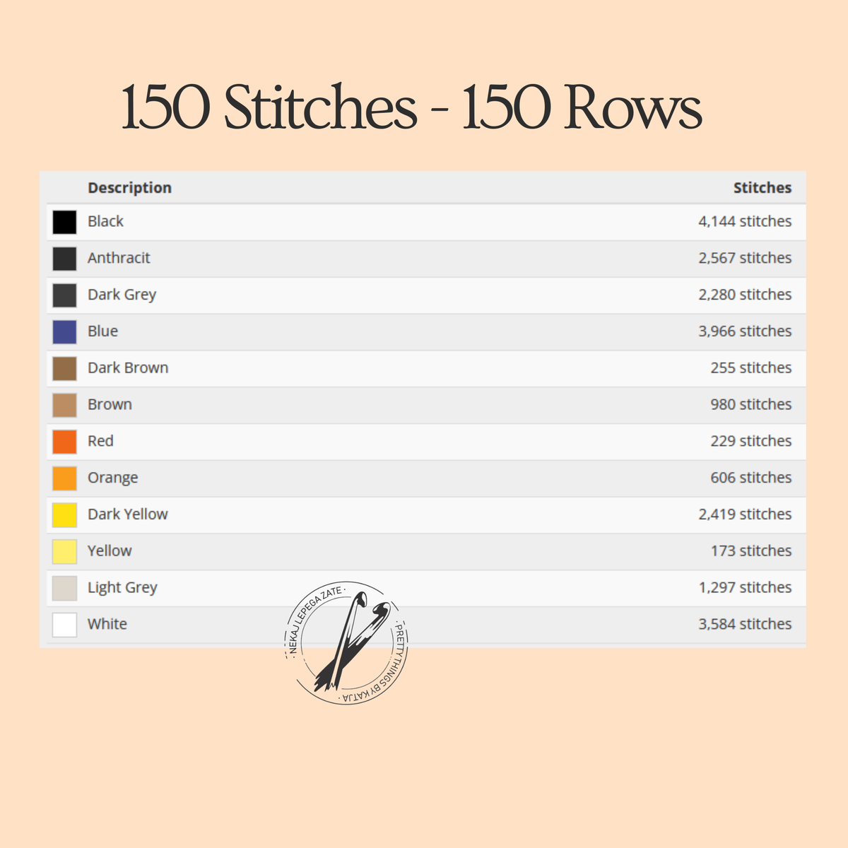 Crow on a Skull crochet chart color information showing the 12 colors used in the Halloween design.