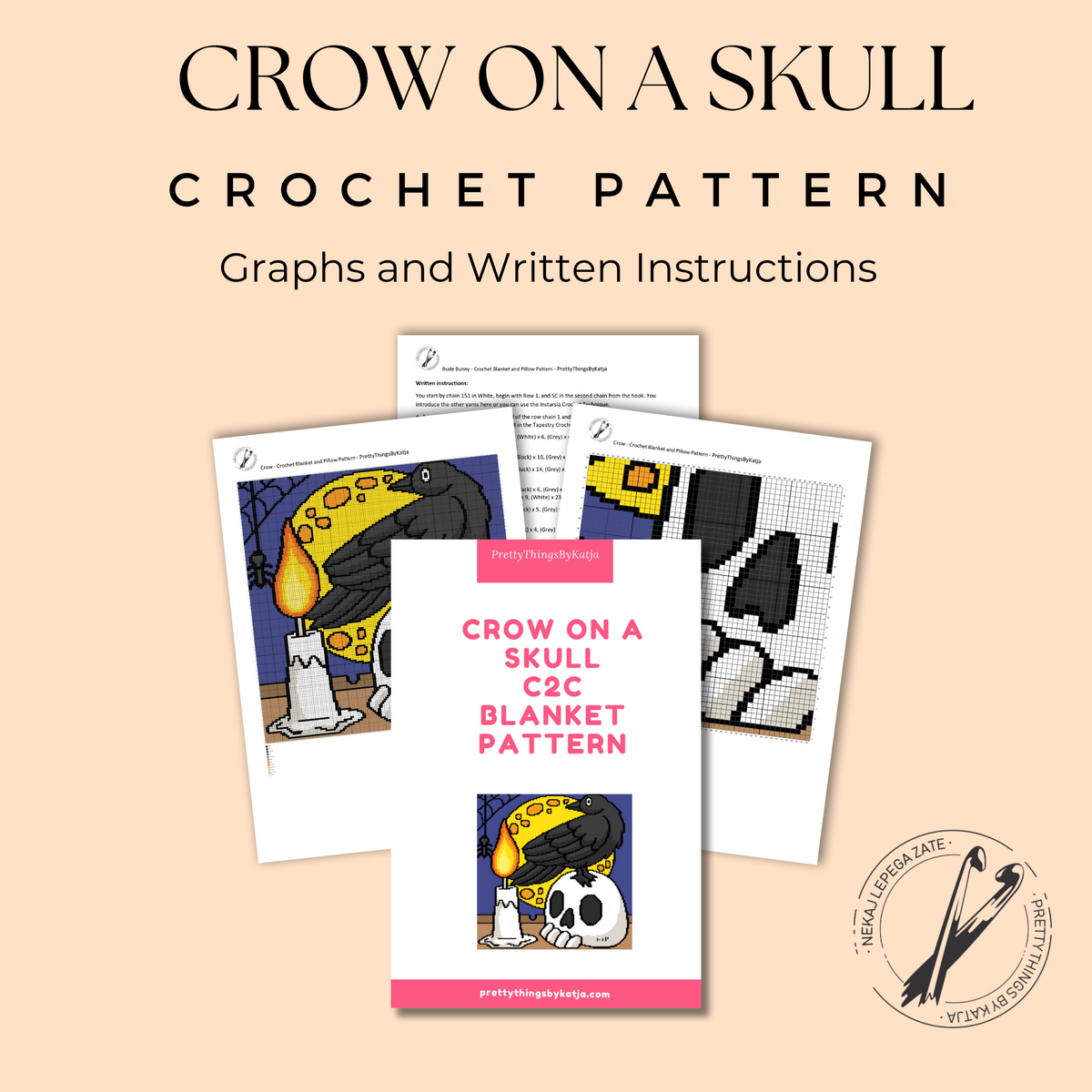 Crow on a Skull C2C crochet pattern PDF preview with graph and written instructions for a Halloween blanket.