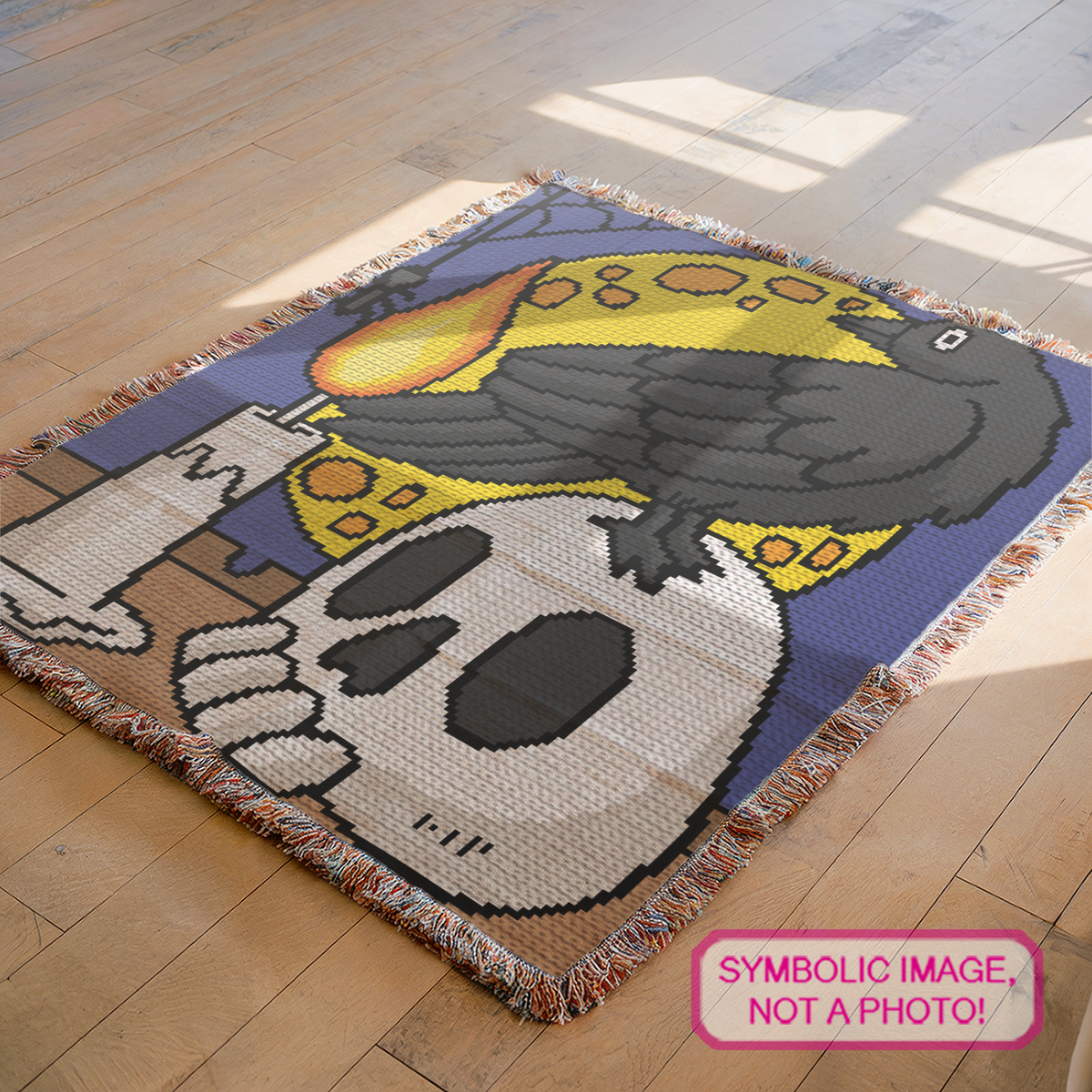 Crow on a Skull C2C crochet blanket mockup featuring a black raven, white skull, candle and yellow moon.
