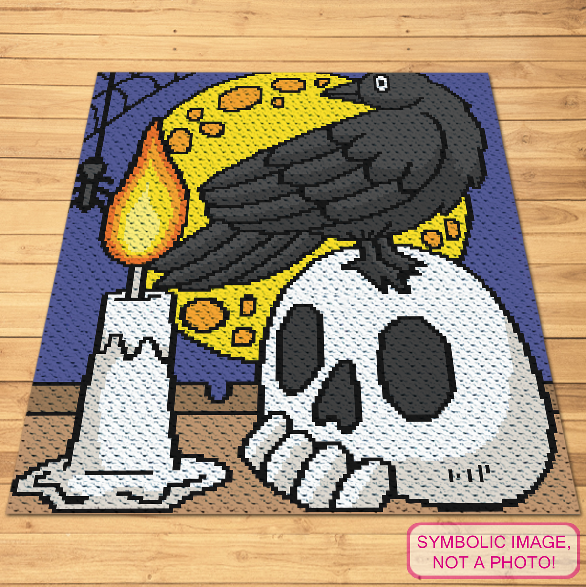 Halloween Crow on a Skull C2C crochet blanket design laid flat with gothic raven skull and candle artwork.
