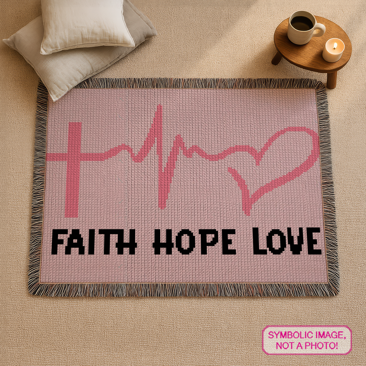 Faith Hope Love C2C awareness crochet blanket pattern with pink ribbon and heartbeat design in a cozy room setting