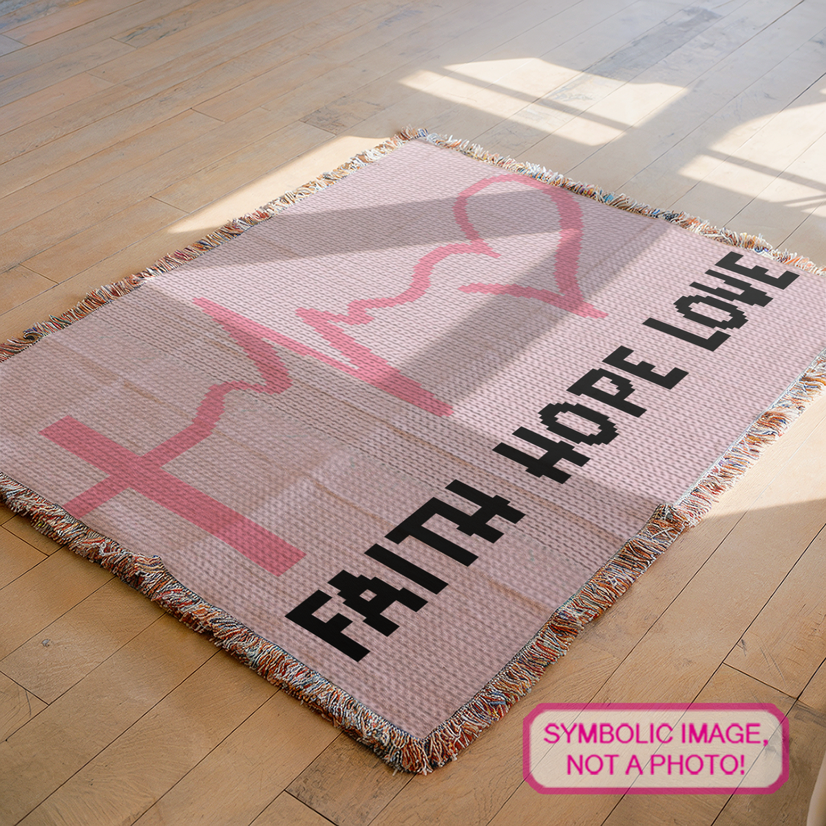 Faith Hope Love C2C cancer awareness crochet graphgan with pink ribbon, heartbeat, cross and Faith Hope Love text