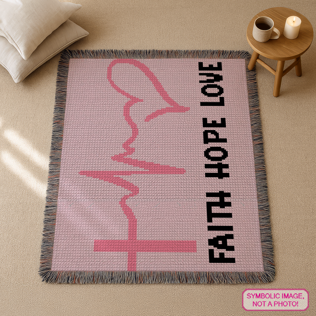Faith Hope Love C2C chemo crochet blanket pattern in pink with awareness ribbon, heartbeat and cross design