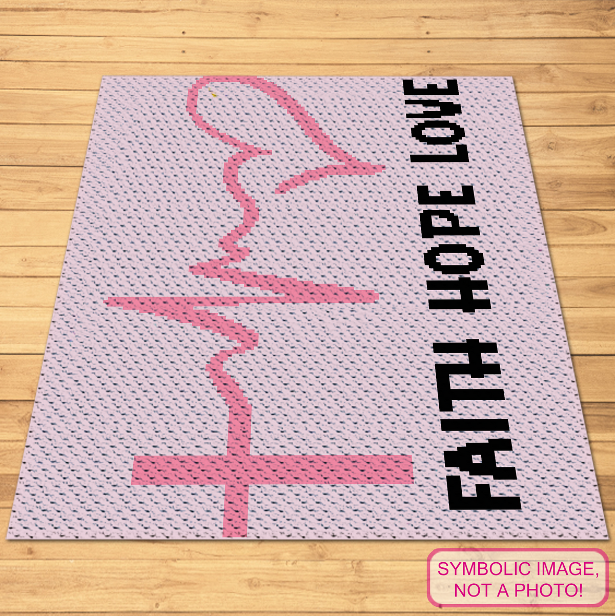 Faith Hope Love C2C crochet blanket pattern with pink awareness ribbon, heartbeat line, cross and black text