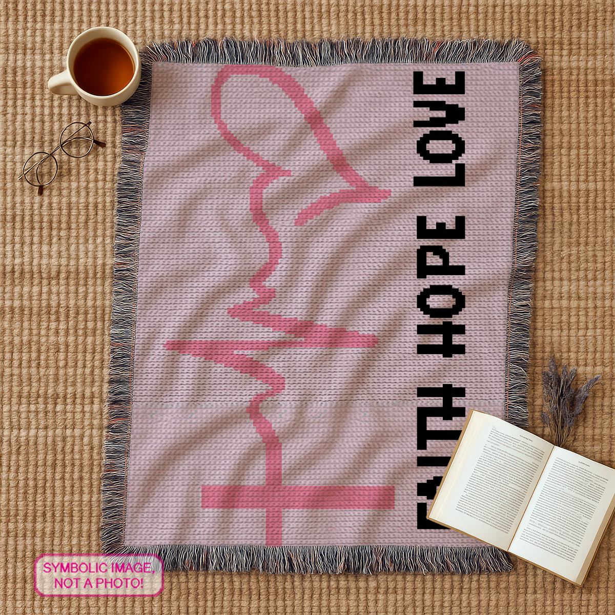 Faith Hope Love chemo crochet afghan pattern in light pink with pink awareness ribbon, heartbeat line, cross and black text