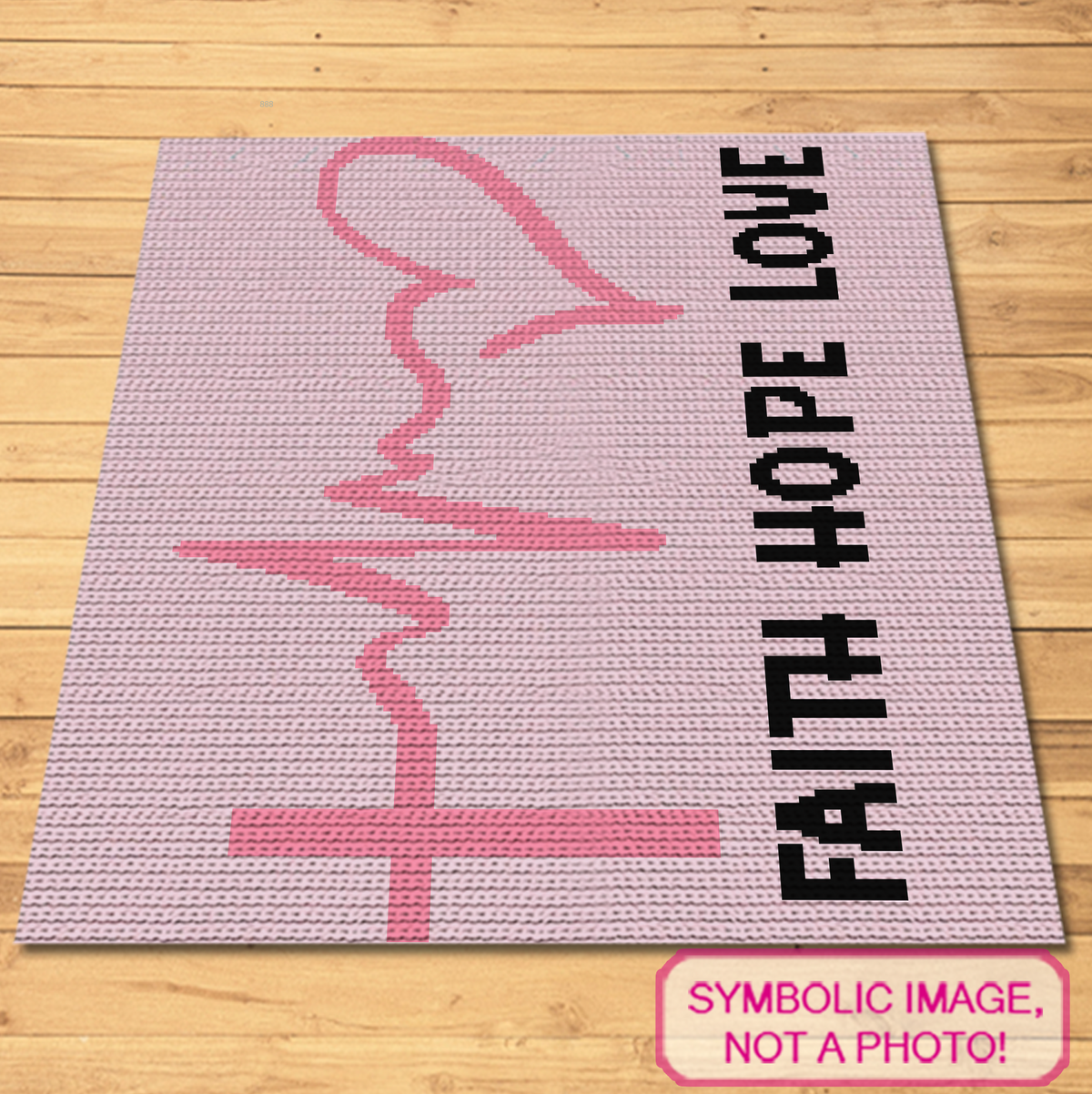 Faith Hope Love single crochet graphgan pattern with pink breast cancer ribbon, heartbeat line, cross and black Faith Hope Love text