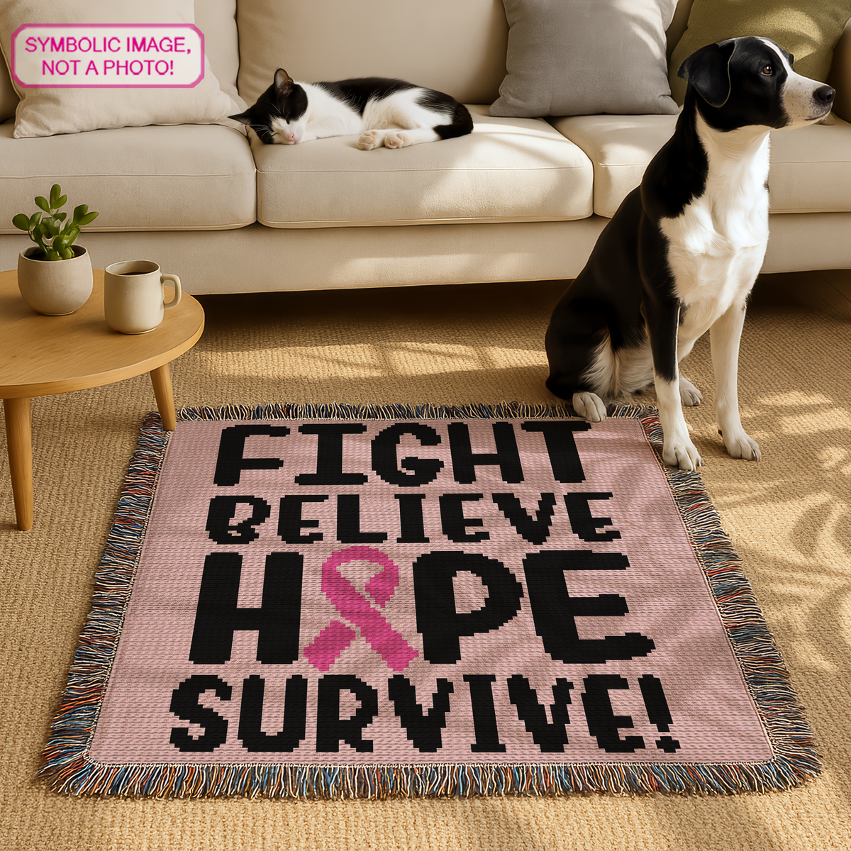 Fight Believe Hope Survive C2C crochet blanket pattern with pink breast cancer awareness ribbon in a cozy living room.