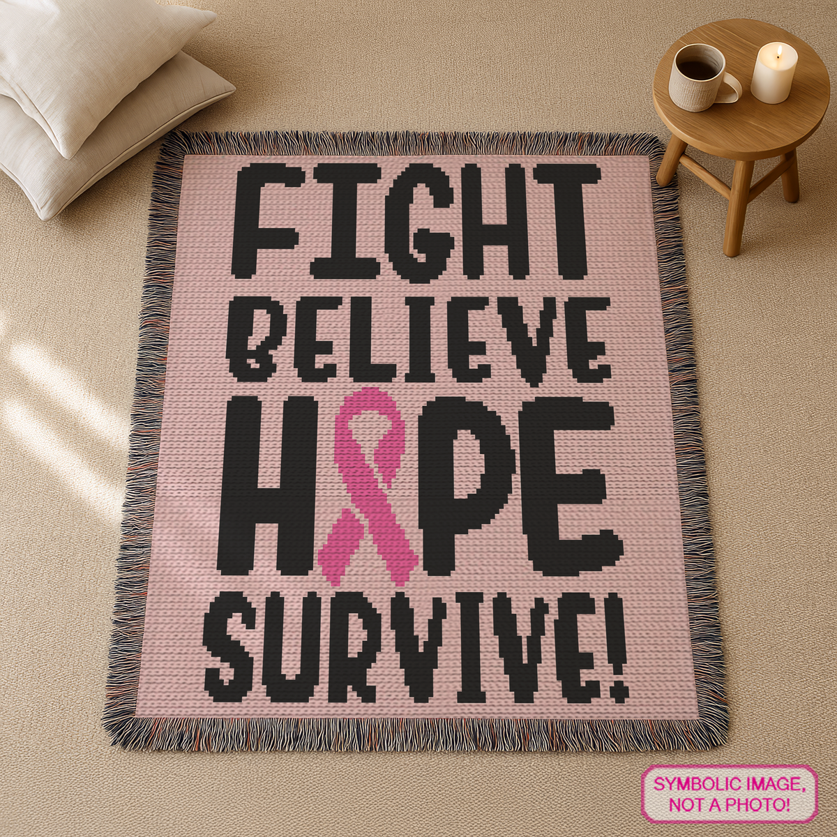 Fight Believe Hope Survive crochet blanket pattern displayed flat with pink breast cancer awareness ribbon and bold black text.