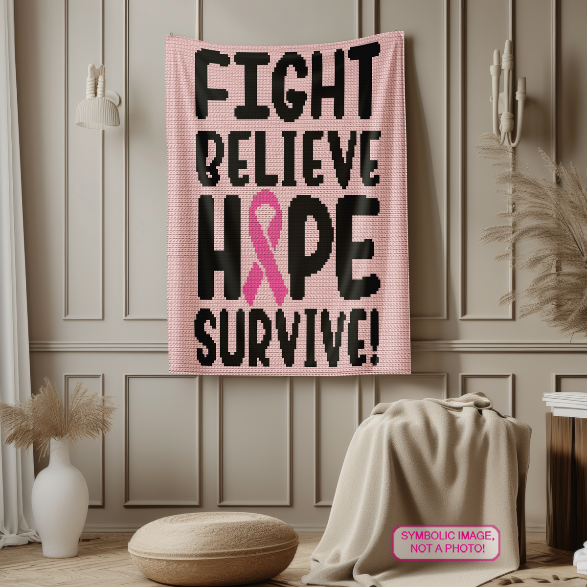 Fight Believe Hope Survive crochet blanket pattern in light pink, pink and black with breast cancer awareness ribbon.