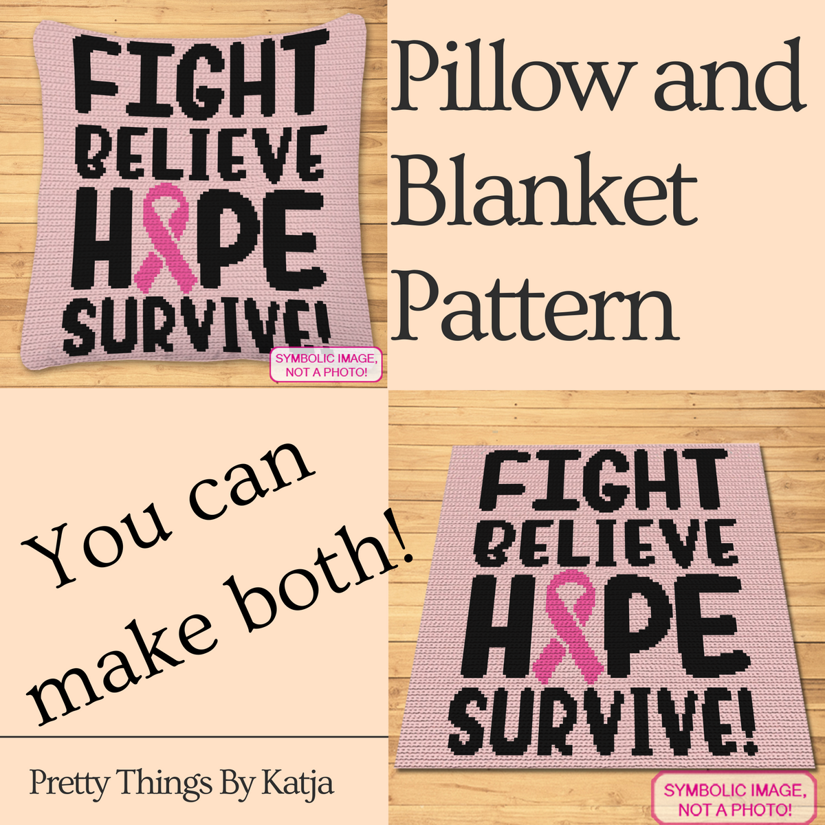 Fight Believe Hope Survive crochet pillow and blanket pattern preview with pink awareness ribbon and bold black lettering.