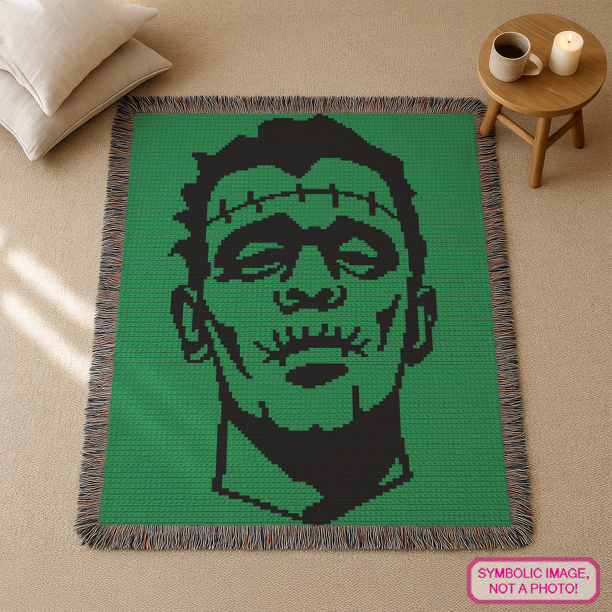 Green and black Frankenstein monster C2C crochet blanket pattern displayed on a wooden floor