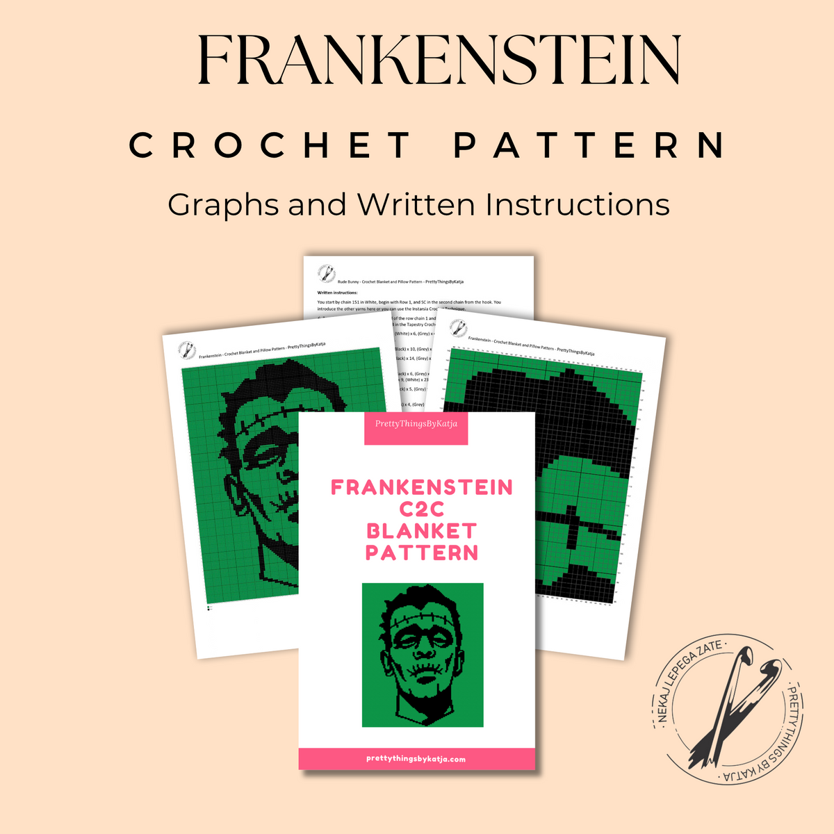 Frankenstein C2C crochet pattern PDF with graphs and written instructions