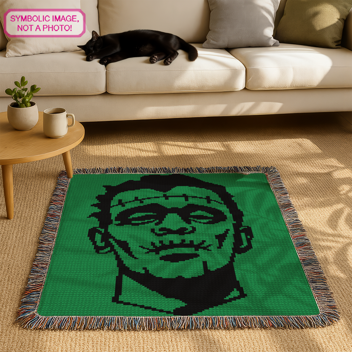 Frankenstein monster C2C crochet blanket pattern shown in a cozy living room mockup