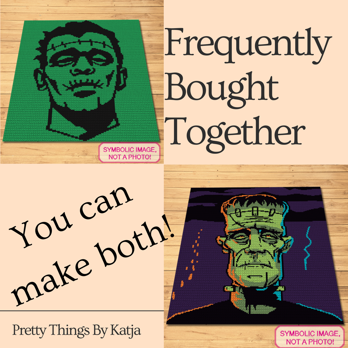 Frankenstein crochet pattern comparison showing two green and black crochet blanket designs