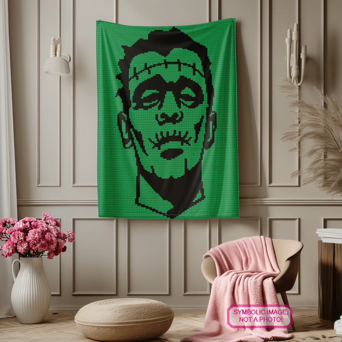 Green and black Frankenstein monster crochet blanket pattern shown as a symbolic wall-hanging mockup.