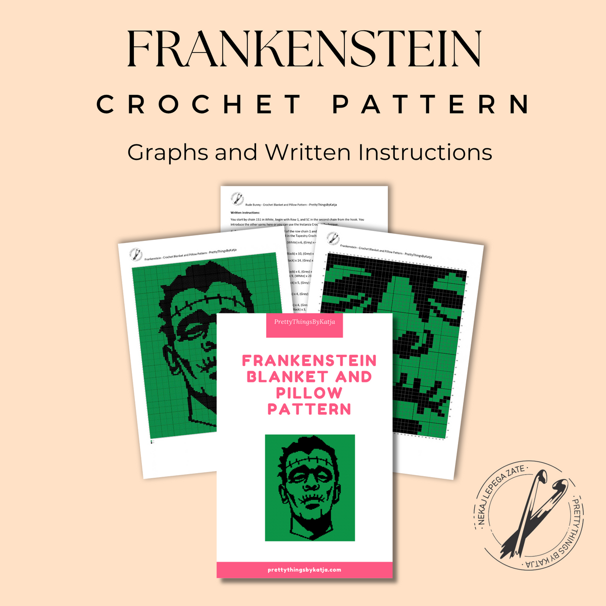 Frankenstein monster crochet blanket and pillow pattern PDF preview with graphs and written instructions.