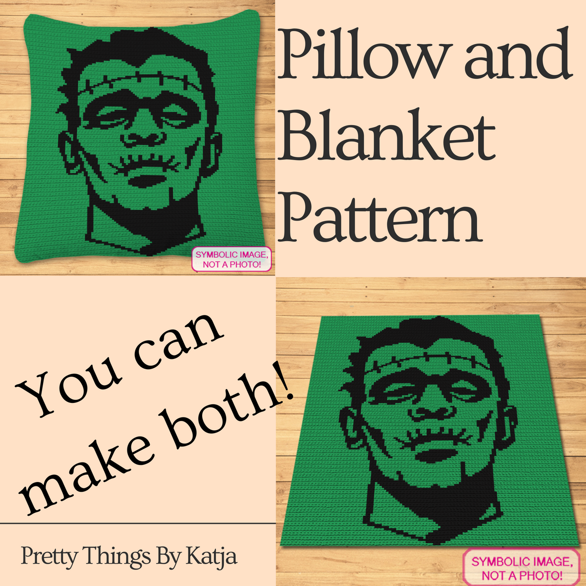 Frankenstein monster crochet pillow and blanket pattern preview in green and black with both project options.