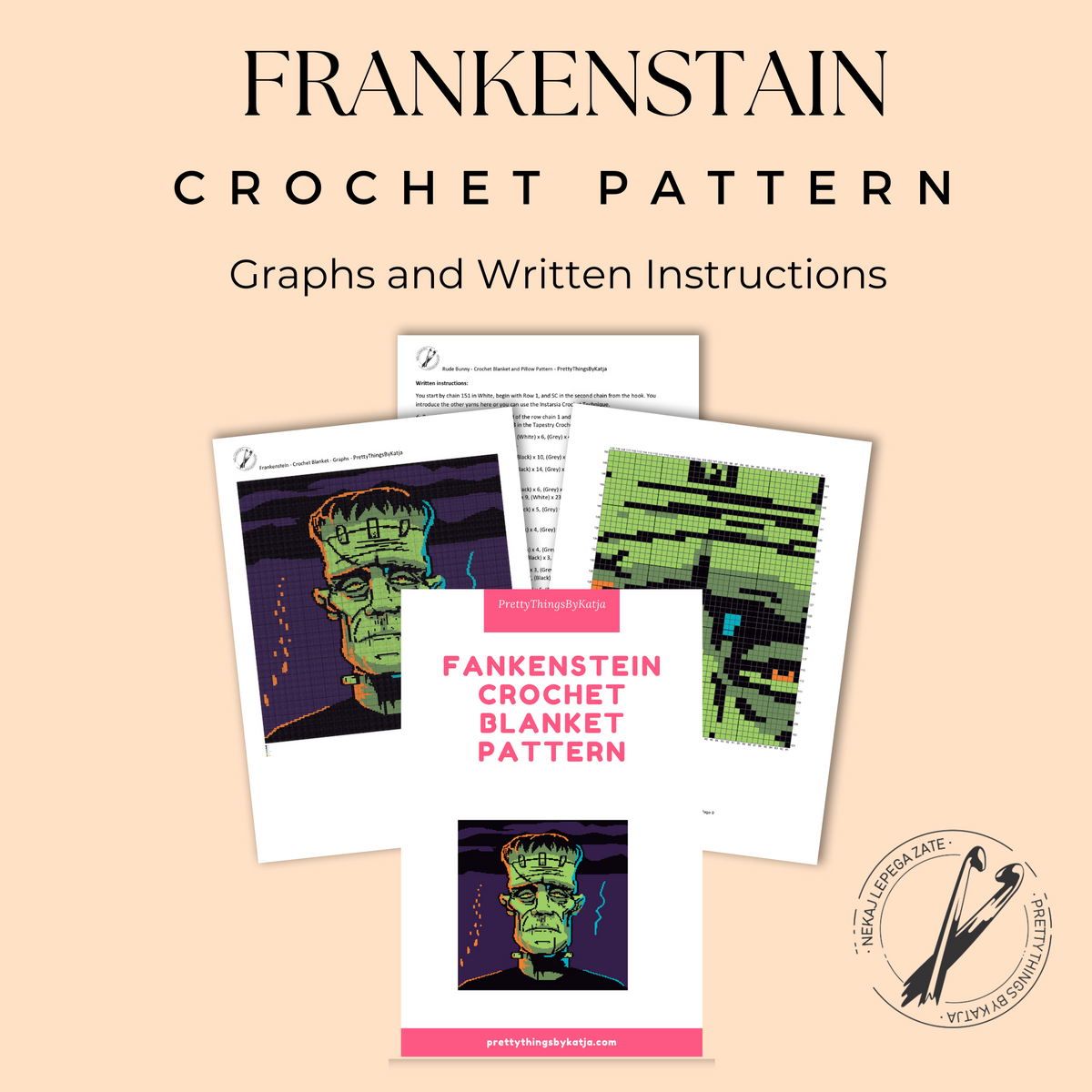 Frankenstein monster single crochet blanket pattern PDF preview with graphs and written row-by-row instructions.