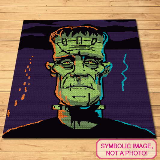 Frankenstein monster single crochet graphgan blanket pattern shown flat with bold green face and violet background.