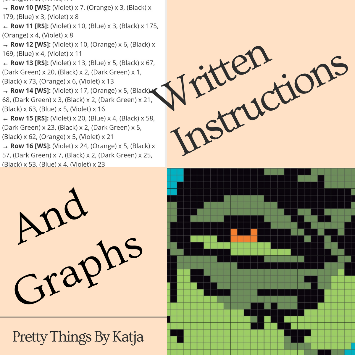 Example of written row-by-row instructions and graph included with the Frankenstein monster single crochet pattern.