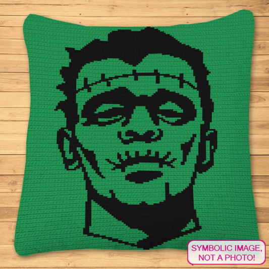 Frankenstein monster single crochet pillow pattern in green and black shown as a symbolic finished pillow image.